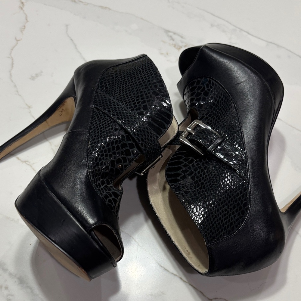 Black Peep-Toe Platform High Heel Booties with Buckle - Picture 11 of 14